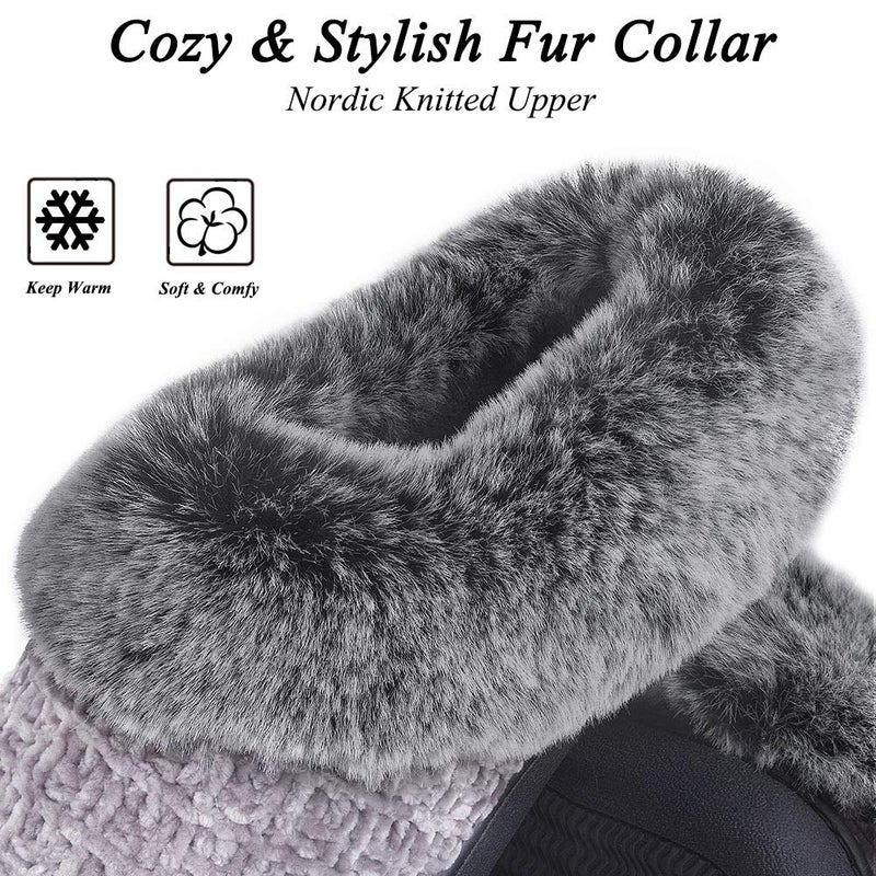DL Women's House Slippers with Fuzzy Plush Faux Fur Collar, Memory Foam Slip on House Shoes with Indoor Outdoor Anti-Skid Rubber Sole, Grey, 9-10 - Image 3