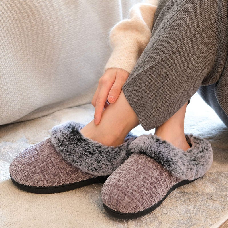 DL Women's House Slippers with Fuzzy Plush Faux Fur Collar, Memory Foam Slip on House Shoes with Indoor Outdoor Anti-Skid Rubber Sole, Grey, 9-10 - Image 2