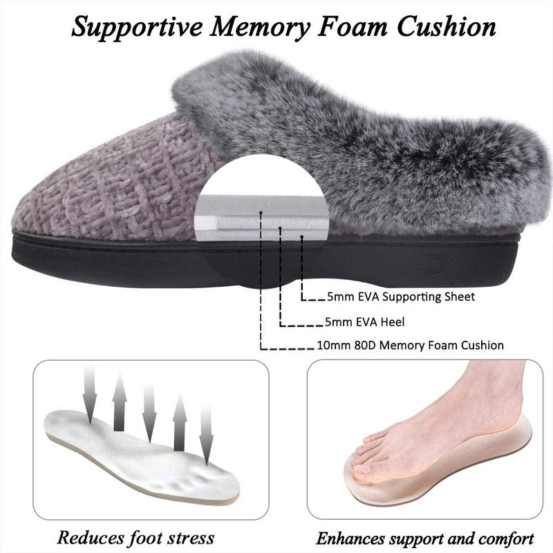 DL Women's House Slippers with Fuzzy Plush Faux Fur Collar, Memory Foam Slip on House Shoes with Indoor Outdoor Anti-Skid Rubber Sole, Grey, 9-10 - Image 4