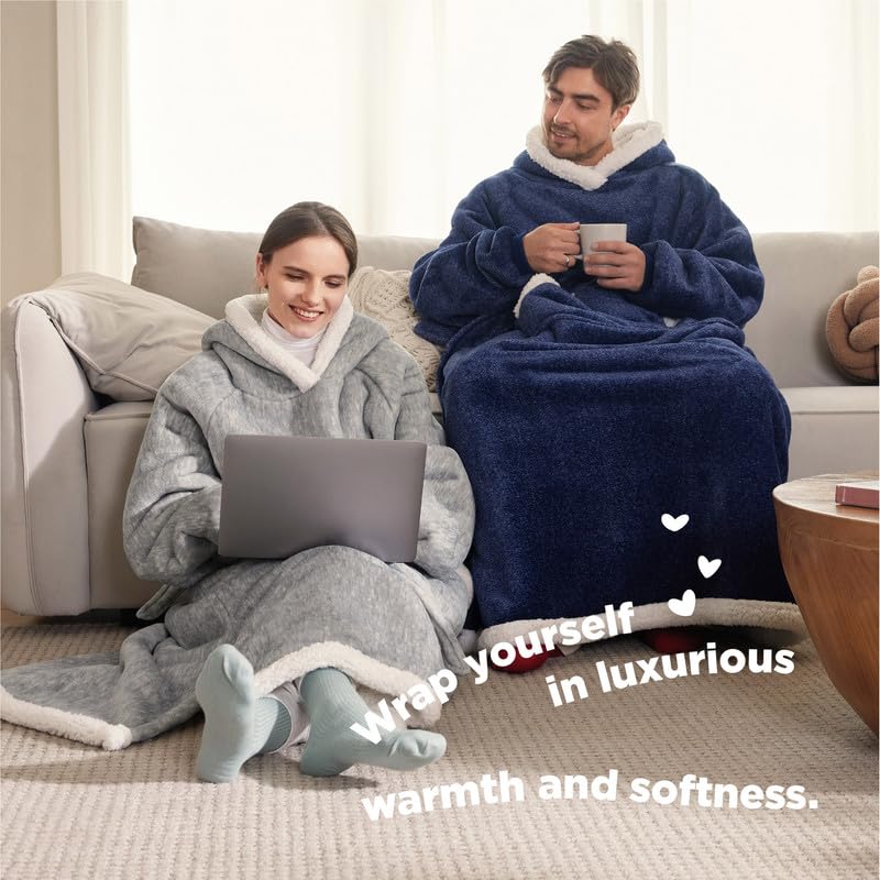 Bedsure Bedsure Wearable Blanket Hoodie Women - Long Sherpa Fleece Hooded Blanket for Teens Adult  Warm Cozy Blanket Sweatshirt with Giant Pocket and Belt  Winter Gifts for Girls  Small  Ocean Blue  - Image 4