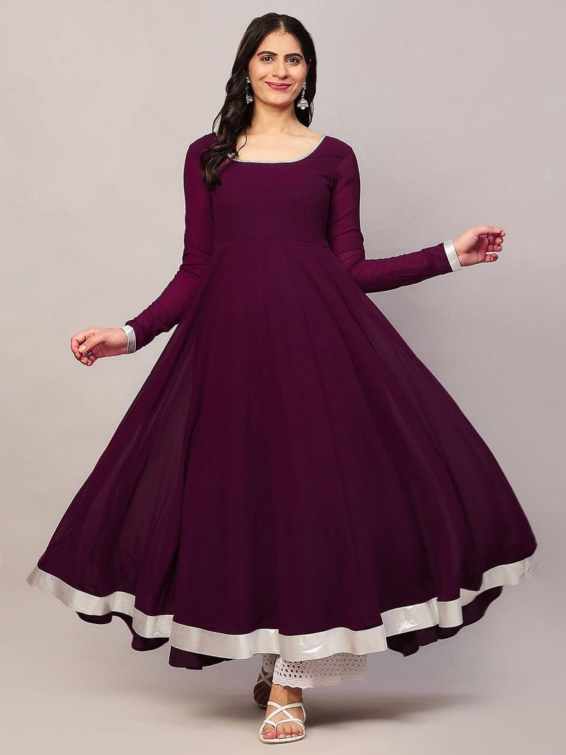KZA Women's Georgette Hand Embroidered Flared Anarkali Kurta with Full Sleeves for Ethnic Wear Purple - Image 2