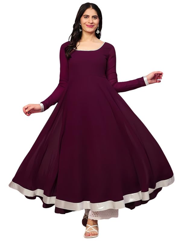 KZA Women's Georgette Hand Embroidered Flared Anarkali Kurta with Full Sleeves for Ethnic Wear Purple - Image 1