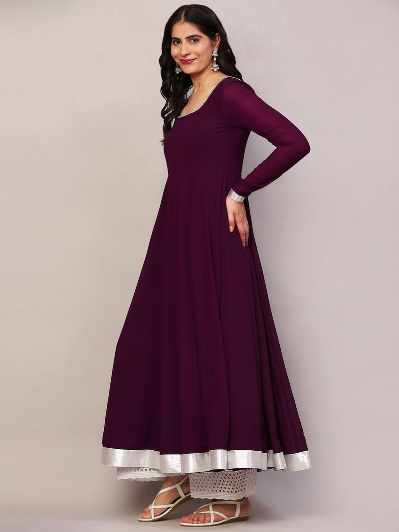 KZA Women's Georgette Hand Embroidered Flared Anarkali Kurta with Full Sleeves for Ethnic Wear Purple - Image 3