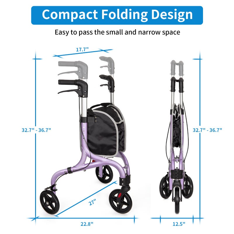 PLANET WALK Planetwalk Premium 3 Wheel Rollator Walker for Seniors - Ultra Lightweight Foldable Walker for Elderly, Aluminum Three Wheel Mobility Aid, Brilliant Purple - Image 2