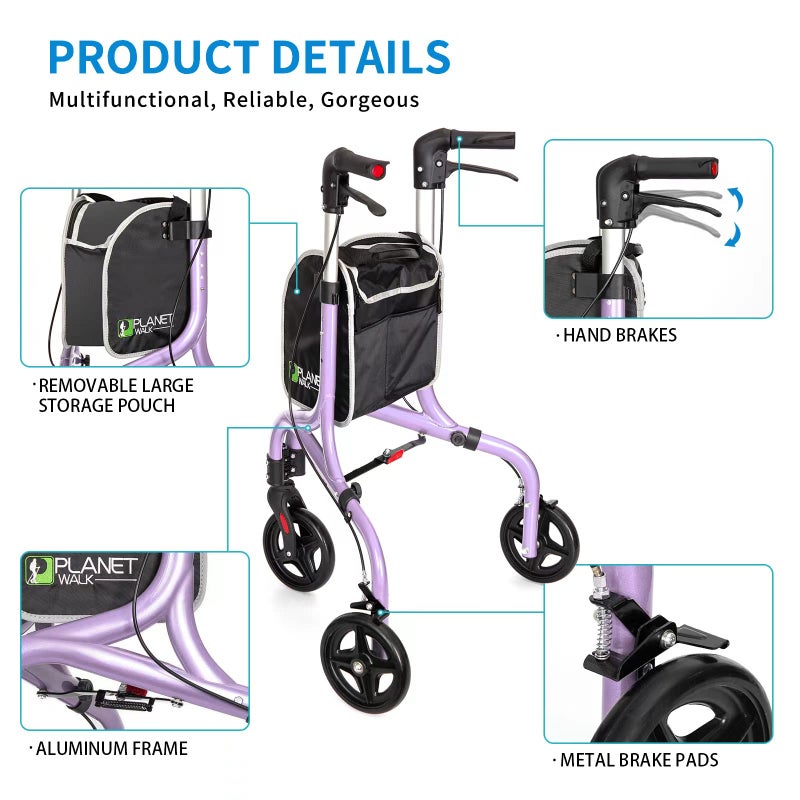PLANET WALK Planetwalk Premium 3 Wheel Rollator Walker for Seniors - Ultra Lightweight Foldable Walker for Elderly, Aluminum Three Wheel Mobility Aid, Brilliant Purple - Image 4
