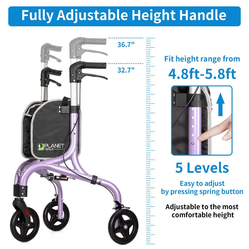 PLANET WALK Planetwalk Premium 3 Wheel Rollator Walker for Seniors - Ultra Lightweight Foldable Walker for Elderly, Aluminum Three Wheel Mobility Aid, Brilliant Purple - Image 3