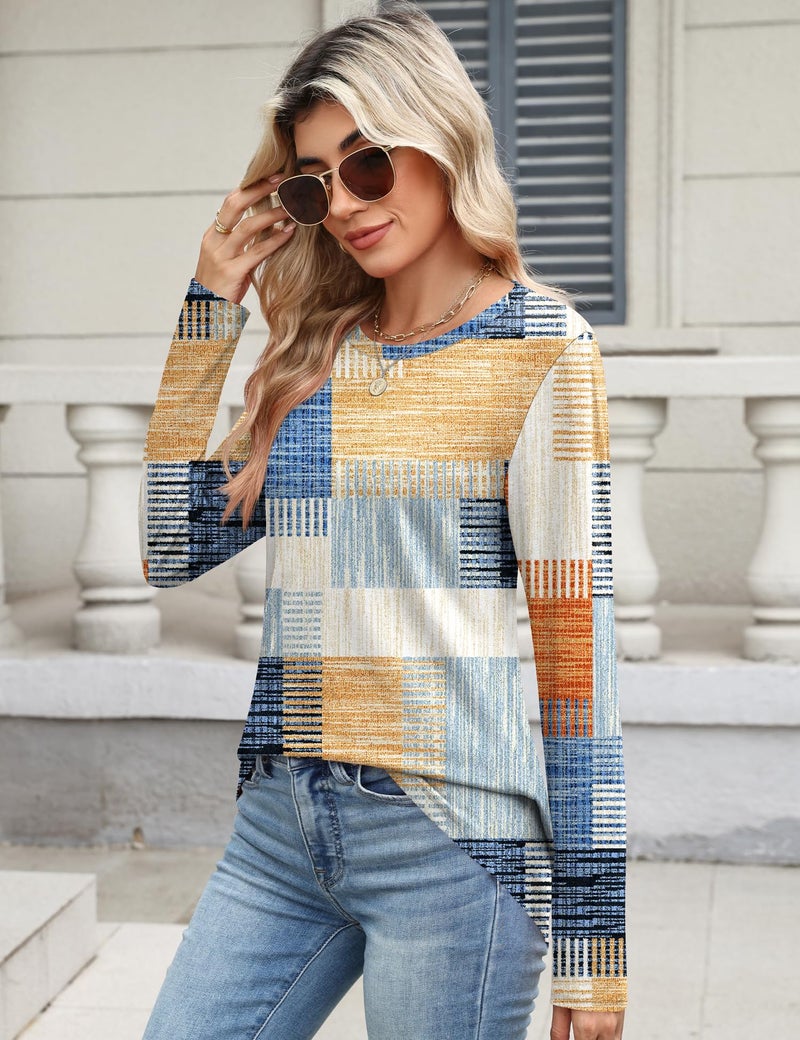 TCOT Women Long Sleeve Crew Neck Tee Tops Spring Trendy Casual Dressy Blouses Multiple Plaid Pullover Shirts M - Image 5