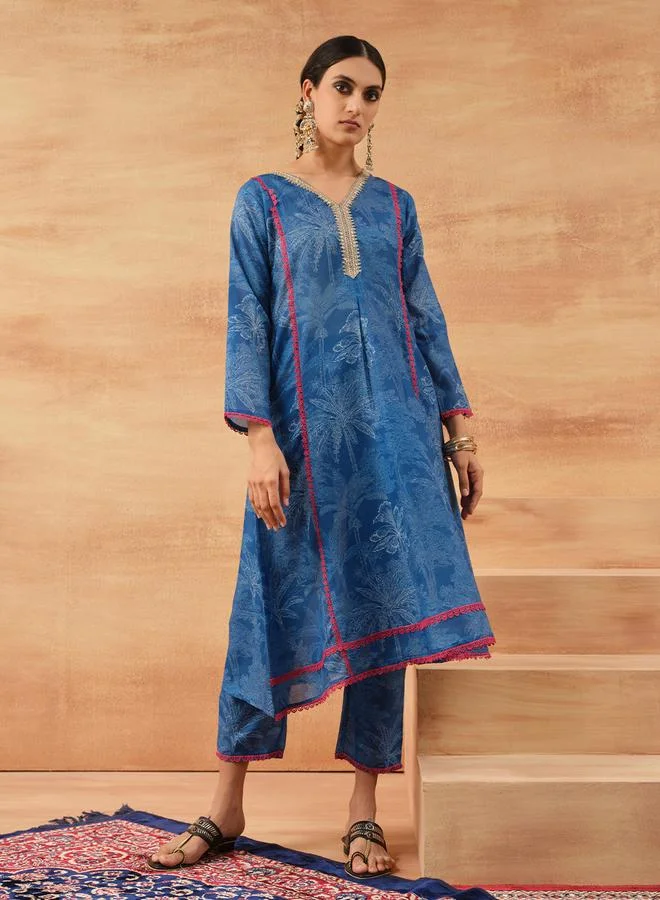 ISHIN Women's Blue Cotton Cambric Printed Tunic Top With Ankle Palazzo Flared 2 Peice Kurta Set