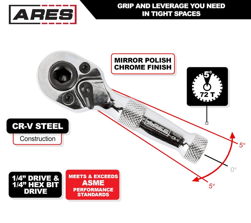 ARES 42041-1/4-Inch Drive 72-Tooth Stubby Ratchet and Bit Driver - Premium Chrome Vanadium Steel Construction & Mirror Polish Finish - Reversible Direction Head - Image 2