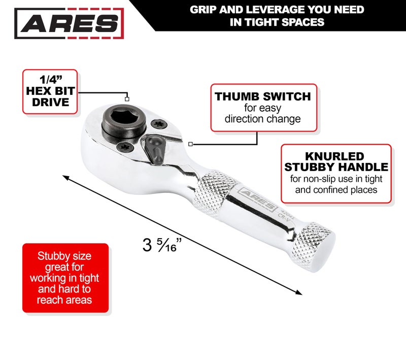 ARES 42041-1/4-Inch Drive 72-Tooth Stubby Ratchet and Bit Driver - Premium Chrome Vanadium Steel Construction & Mirror Polish Finish - Reversible Direction Head - Image 3