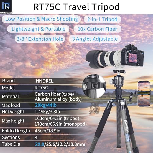 Innorel Carbon Fiber Tripod-INNOREL RT75C Without Ballhead Super Professional Tripod Monopod Heavy Duty Compact Stand Support for Digital DSLR Camera Travel - Image 2