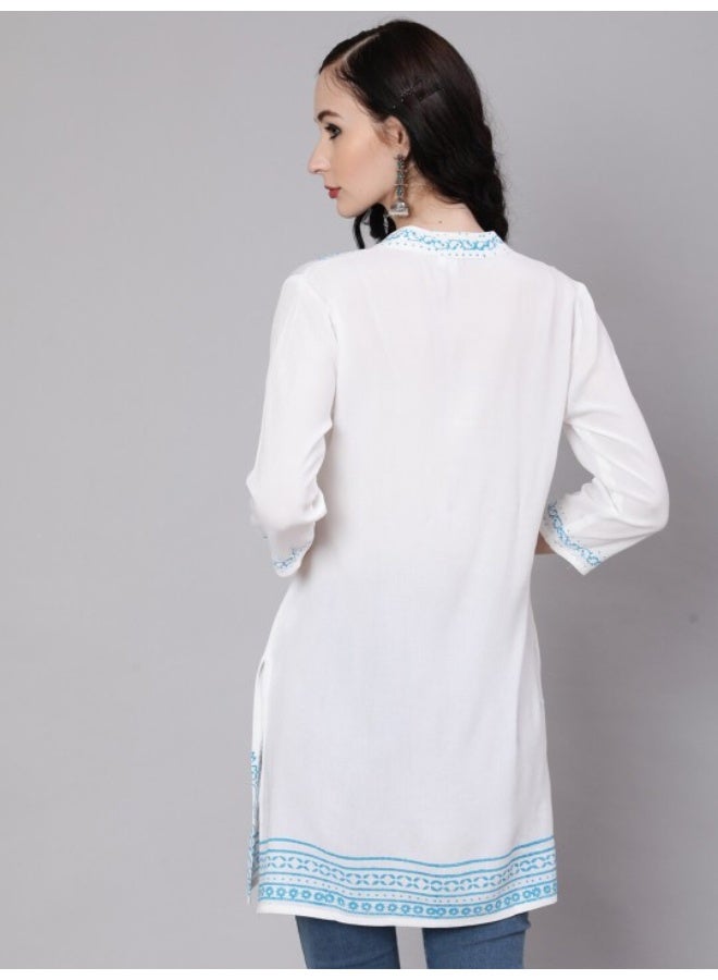 AKS White & Blue Hand Block Printed Tunic  - Image 4