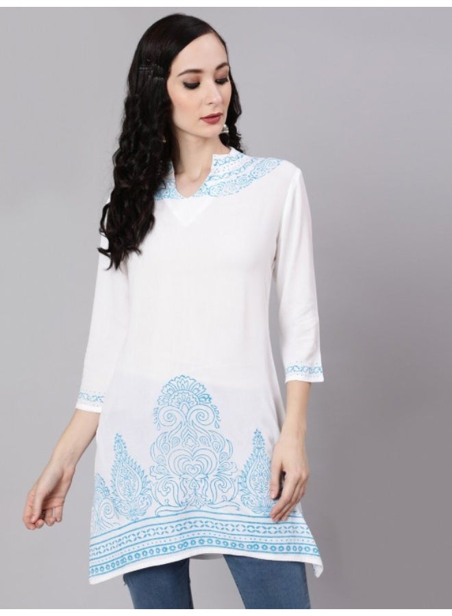 AKS White & Blue Hand Block Printed Tunic  - Image 1