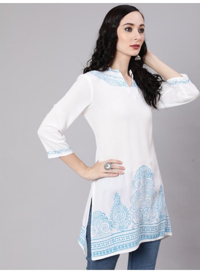 AKS White & Blue Hand Block Printed Tunic  - Image 3