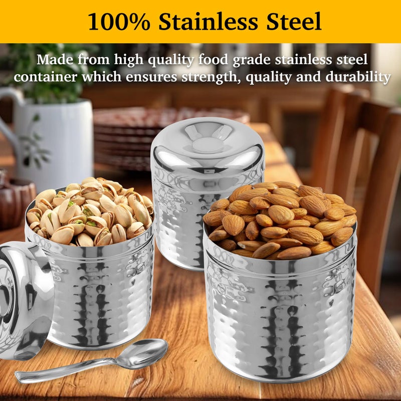 CRAFTONE Stainless Steel Hammered Containers Set of 3 with Spoon, Ideal for Tea, Coffee, Sugar, Masala Storage Sugar Container with Lid for Salt, Coffee, Dishwasher Safe (10 Oz, 15 Oz, 20 Oz) - Image 3