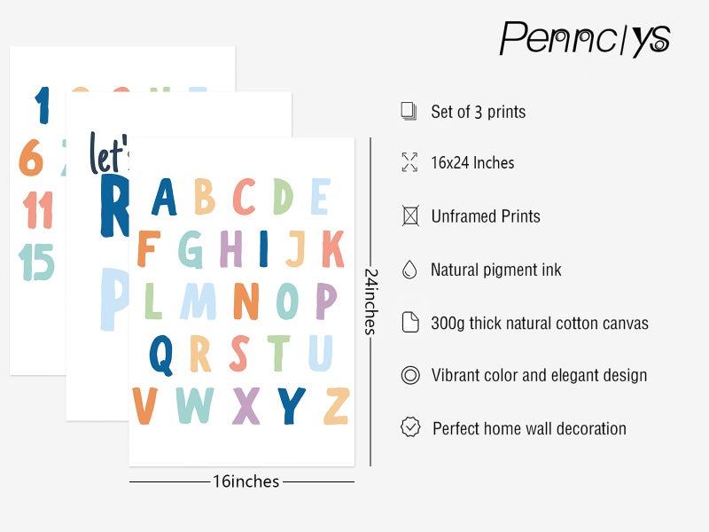 Pennclys Kids Playroom Wall Art Decor Alphabet Poster Play Room Canvas Wall Decor ABC Nursery Wall Art 123 Toddler Poster Let's Read for Boy Girl Room 16x24 Inch Unframed Set of 3 - Image 2
