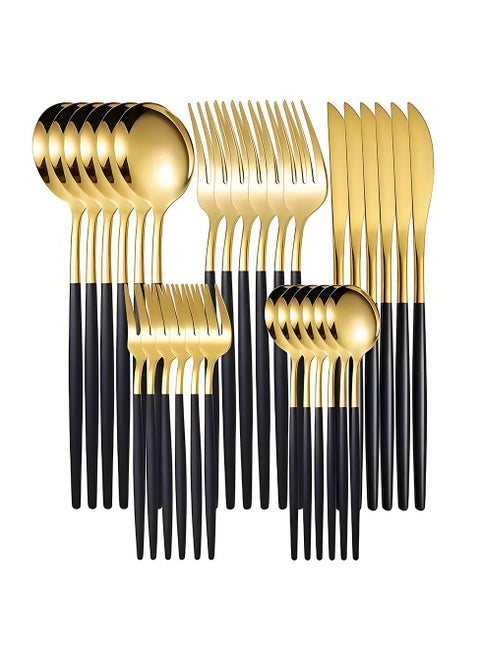 30 PCS Flatware Set with Knives Spoons and Forks Stainless Steel Flatware Set for 6 Persons Black & Gold