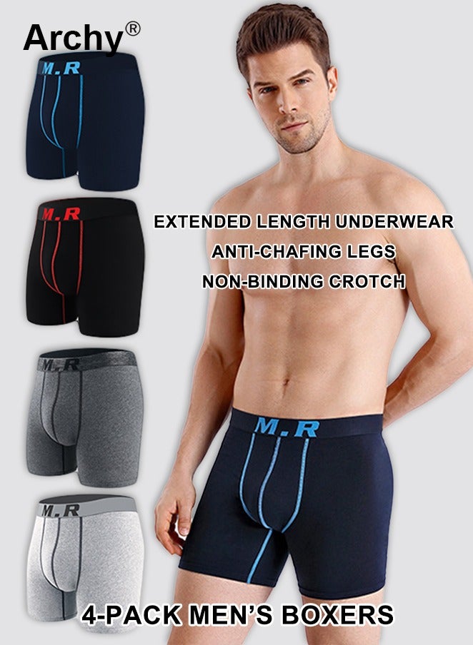 Archy 4 Pack Men Casual Basic Letter Cotton Mid Waist Boxer Pants Men’s Trunks Comfortable Cotton Anti-Chafing High Elasticity Sports Extended Length Boxer Briefs - Image 1
