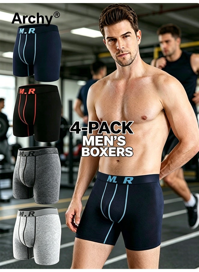 Archy 4 Pack Men Casual Basic Letter Cotton Mid Waist Boxer Pants Men’s Trunks Comfortable Cotton Anti-Chafing High Elasticity Sports Extended Length Boxer Briefs - Image 1