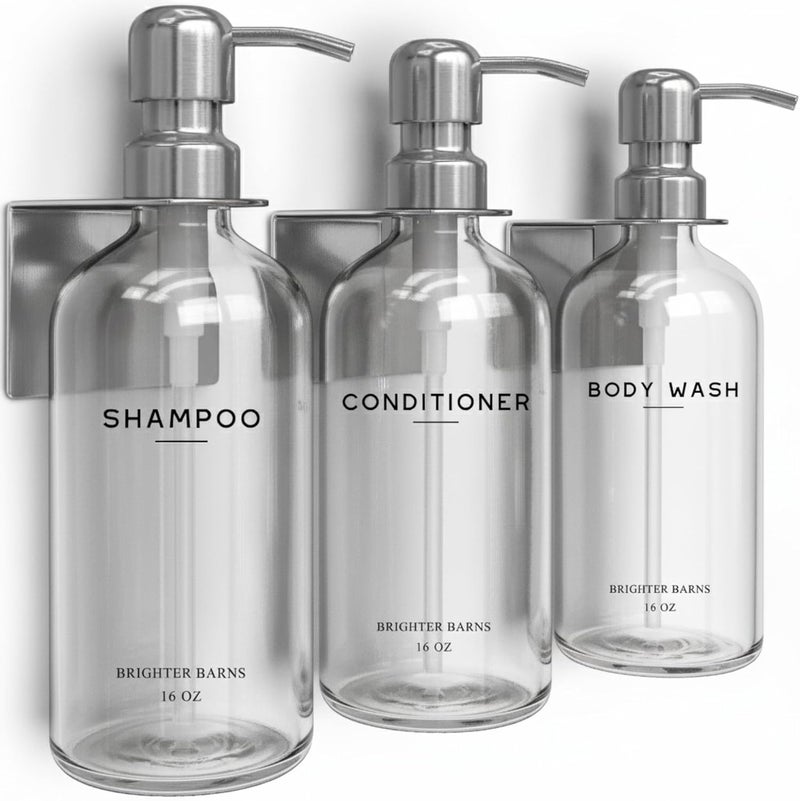Brighter Barns Clear Shampoo and Conditioner Dispenser Set Wall Mounted by - Wall Mounted Shower Shampoo Dispenser for Shower Wall - Refillable Shower Soap Bottles 3 Chamber No Drill (Clear/Silver) - Image 1