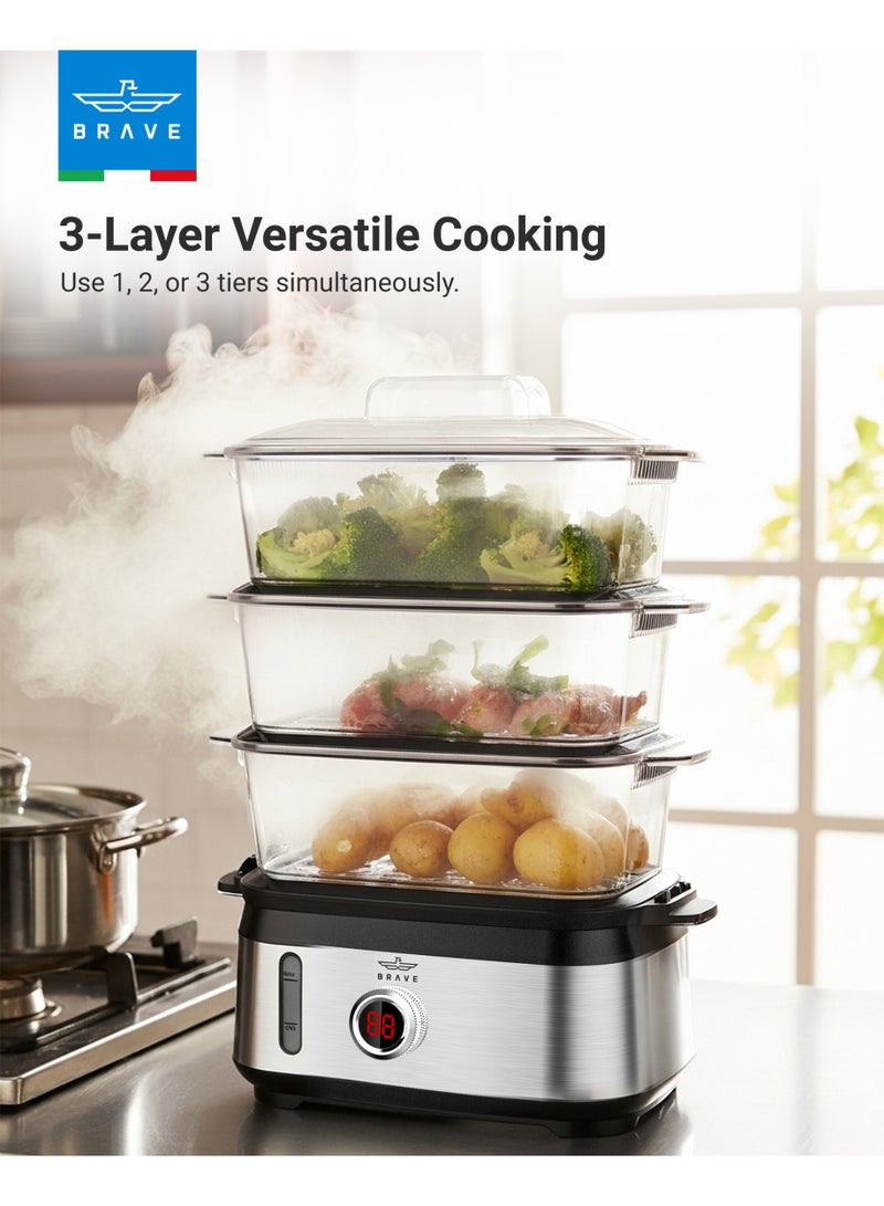 بريف جهاز تبخير الطعام الكهربائي ثلاثي الطبقات ومسلوق البيض بقدرة 400 واط، سعة كبيرة 9 لتر مع تبخير سريع، مزوّد بـ 3 سلال قابلة للتكديس، مؤقّت دقيق لمدة 60 دقيقة، إيقاف تلقائي، لوح تسخين فولاذي، شاشة عرض LED، مقبض دوّار، مصباح مؤشر، قابس بريطاني – مثالي لطهي الخضروات والأسماك والدجاج. - Image 1
