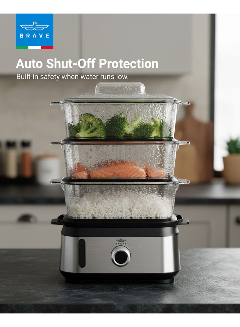 بريف جهاز تبخير الطعام الكهربائي ثلاثي الطبقات ومسلوق البيض بقدرة 400 واط، سعة كبيرة 9 لتر مع تبخير سريع، مزوّد بـ 3 سلال قابلة للتكديس، مؤقّت دقيق لمدة 60 دقيقة، إيقاف تلقائي، لوح تسخين فولاذي، شاشة عرض LED، مقبض دوّار، مصباح مؤشر، قابس بريطاني – مثالي لطهي الخضروات والأسماك والدجاج. - Image 3