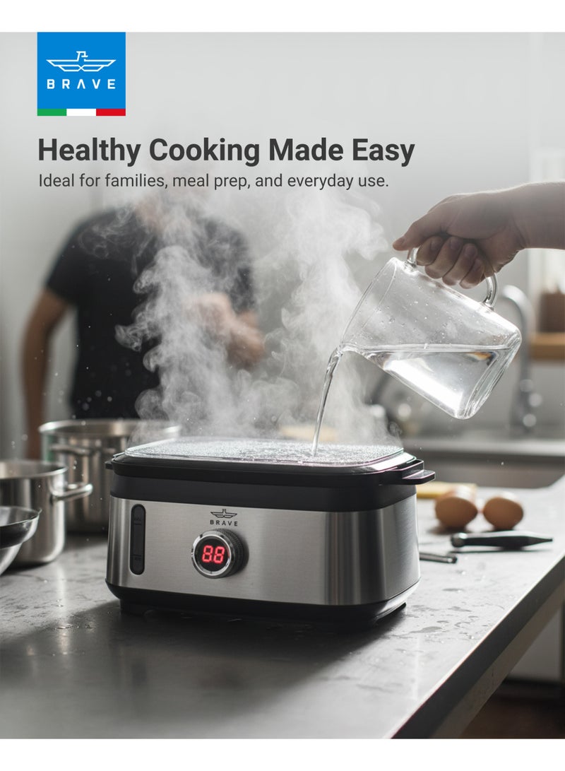 بريف جهاز تبخير الطعام الكهربائي ثلاثي الطبقات ومسلوق البيض بقدرة 400 واط، سعة كبيرة 9 لتر مع تبخير سريع، مزوّد بـ 3 سلال قابلة للتكديس، مؤقّت دقيق لمدة 60 دقيقة، إيقاف تلقائي، لوح تسخين فولاذي، شاشة عرض LED، مقبض دوّار، مصباح مؤشر، قابس بريطاني – مثالي لطهي الخضروات والأسماك والدجاج. - Image 5