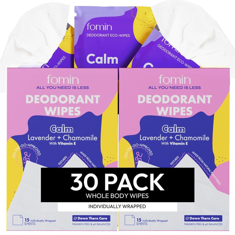 FOMIN Travel Deodorant Wipes - 30 Count - Lavender and Chamomile pH Balanced, Hypoallergenic Mini Deodorant Wipes For Women and Men - Plastic-Free, Individually Wrapped Underarm & Body Wipes - Image 1