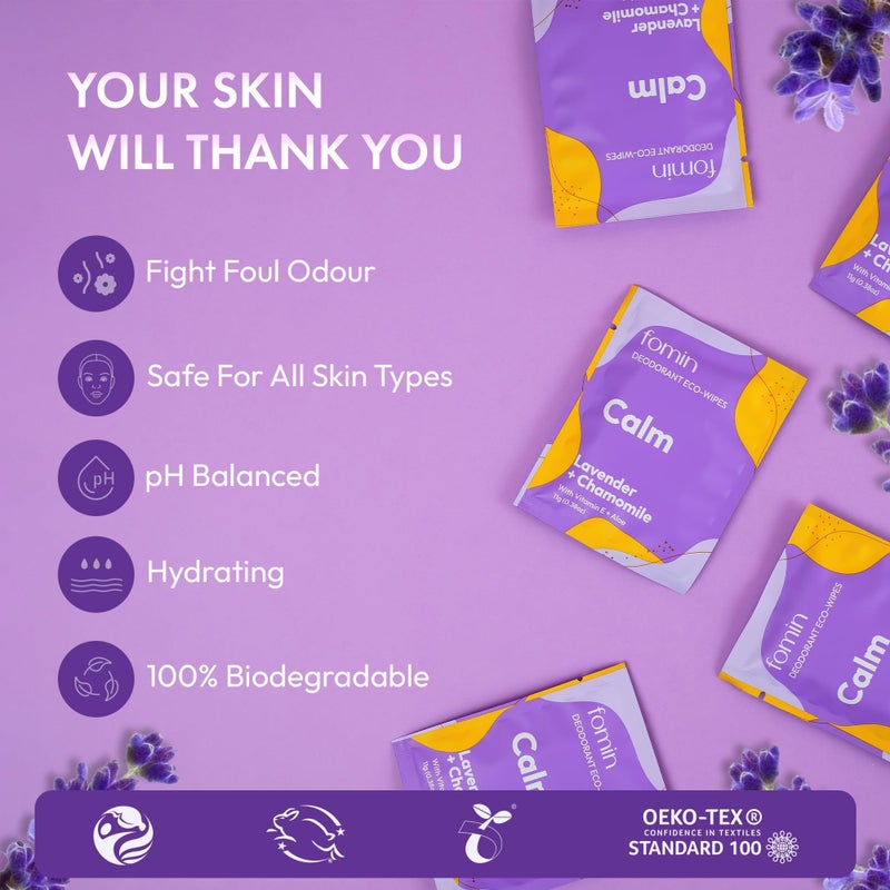FOMIN Travel Deodorant Wipes - 30 Count - Lavender and Chamomile pH Balanced, Hypoallergenic Mini Deodorant Wipes For Women and Men - Plastic-Free, Individually Wrapped Underarm & Body Wipes - Image 5