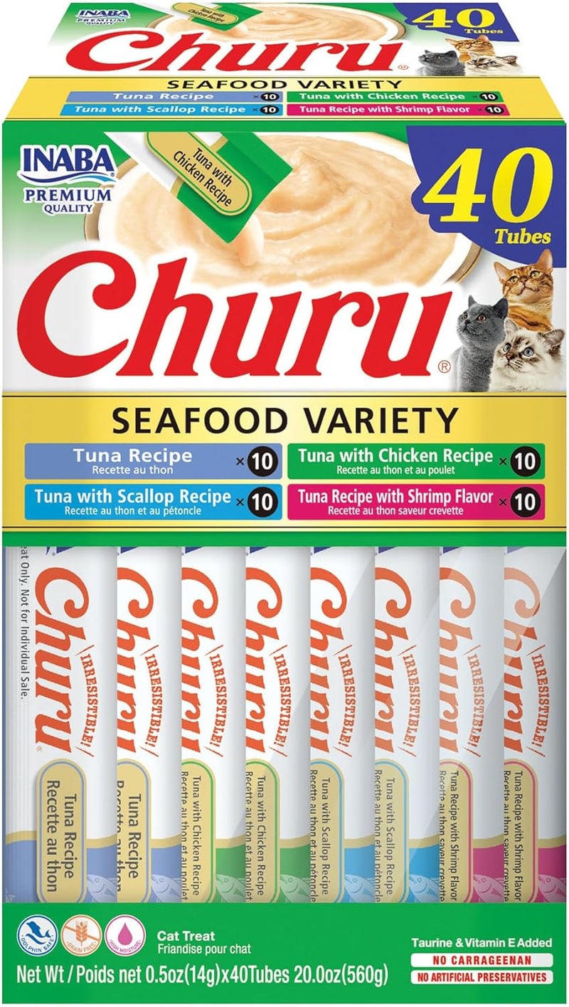 INABA Churu Cat Treats, Grain-Free, Lickable, Squeezable Creamy Purée Cat Treat/Topper with Vitamin E & Taurine, 0.5 Ounces Each Tube, 40 Tubes, Tuna & Seafood Variety Box - Image 1