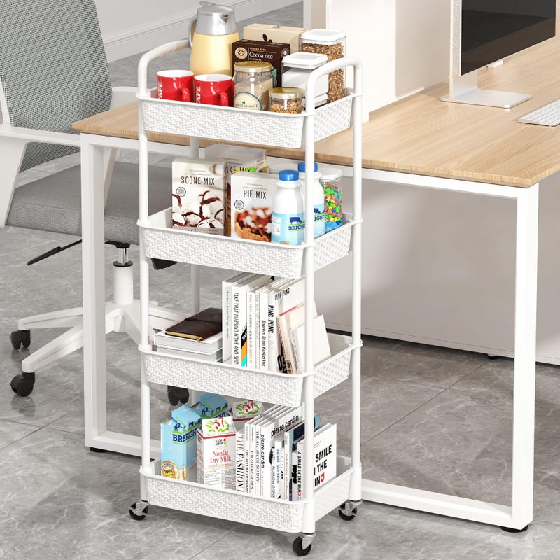 MOYIPIN 4-Tier Plastic Rolling Utility Cart with Handle,Utility Storage Cart for Office, Living Room, Kitchen,Movable Storage Organizer Shelves,White - Image 3