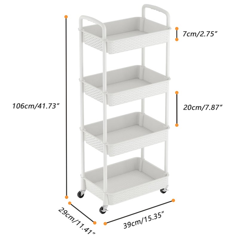 MOYIPIN 4-Tier Plastic Rolling Utility Cart with Handle,Utility Storage Cart for Office, Living Room, Kitchen,Movable Storage Organizer Shelves,White - Image 2