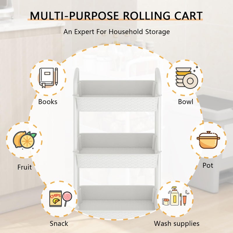 MOYIPIN 4-Tier Plastic Rolling Utility Cart with Handle,Utility Storage Cart for Office, Living Room, Kitchen,Movable Storage Organizer Shelves,White - Image 5