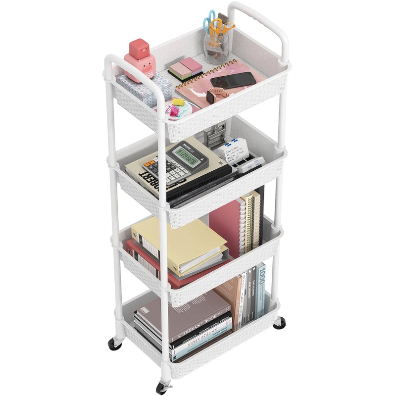 MOYIPIN 4-Tier Plastic Rolling Utility Cart with Handle,Utility Storage Cart for Office, Living Room, Kitchen,Movable Storage Organizer Shelves,White - Image 1