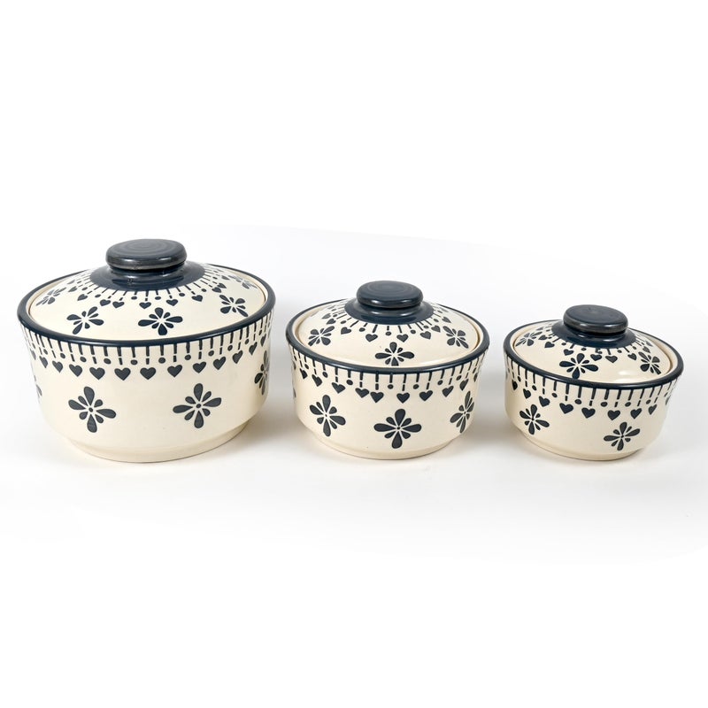 SG Shadowgreen | Ceramic Serving Donga Set | Donga Set With Lid | Dinner/Gravy Bowl | Serving Bowl With Lid | Set Of 3 (750Ml 500Ml 250Ml) | (Grey Jhallar Design) - Image 2