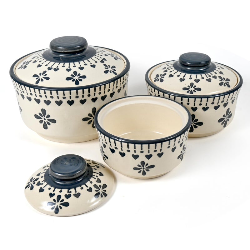 SG Shadowgreen | Ceramic Serving Donga Set | Donga Set With Lid | Dinner/Gravy Bowl | Serving Bowl With Lid | Set Of 3 (750Ml 500Ml 250Ml) | (Grey Jhallar Design) - Image 4
