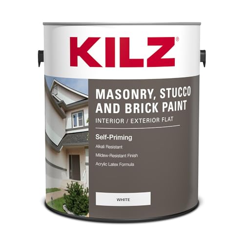 KILZ Self-Priming Masonry, Stucco and Brick Paint, Interior/Exterior, Flat, White, 1 Gallon - Image 1