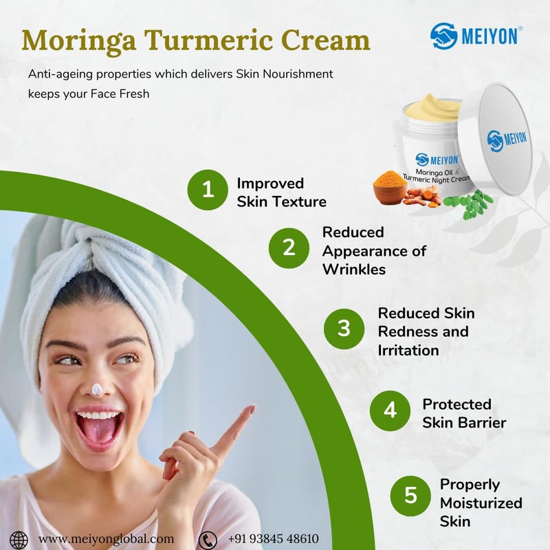 Meiyon Moringa Night Cream with Turmeric for Anti ageing Reduces Fine lines Dark spots 50g - Image 2