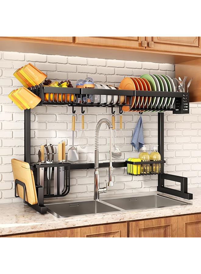 Over The Sink Dish Drying Rack With Fruit Basket 2 Tier Kitchen Counter Dish Drainer Rack Adjustable 33.8 To 41.5 Inch Expandable Utensil Holder Caddy Metal Hook Black