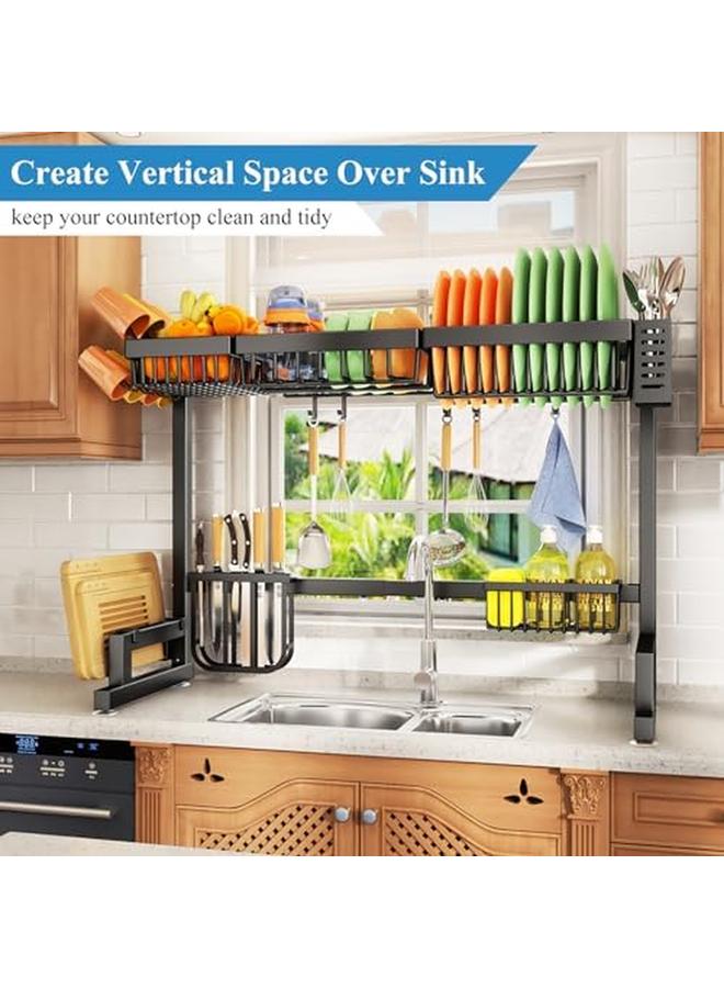 Over The Sink Dish Drying Rack With Fruit Basket 2 Tier Kitchen Counter Dish Drainer Rack Adjustable 33.8 To 41.5 Inch Expandable Utensil Holder Caddy Metal Hook Black