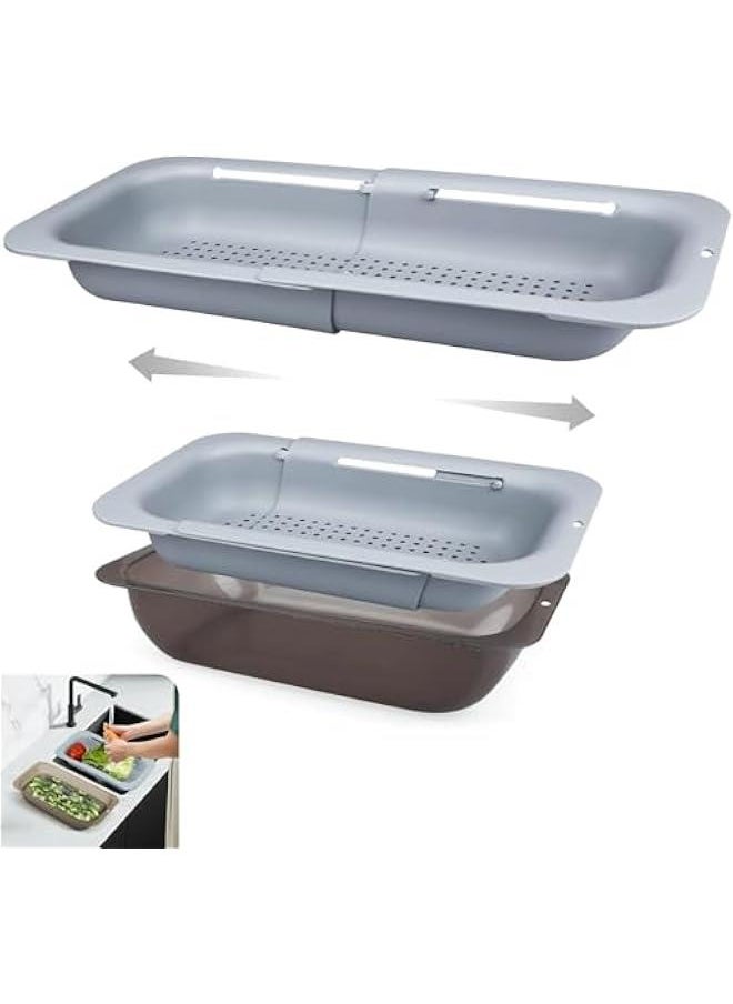 HOOKOR Over the Sink Strainer Colander Basket Set with Bowl, Fruits, Adjustable Retractable Plastic Colander,Wash Vegetables and Fruits, Drain Cooked Pasta and Dry Dishes (Gray With Bowl)  - Image 1