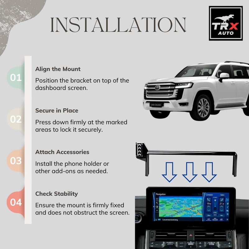 TRX AUTO Phone Holder For Toyota Land Cruiser 300 2023-2026 | Toyota LC 300 Phone Holder | Screen Bracket | Compatible with Land Cruiser 300 (VXR GR Sport & GXR plus) Without USB Port - Image 5