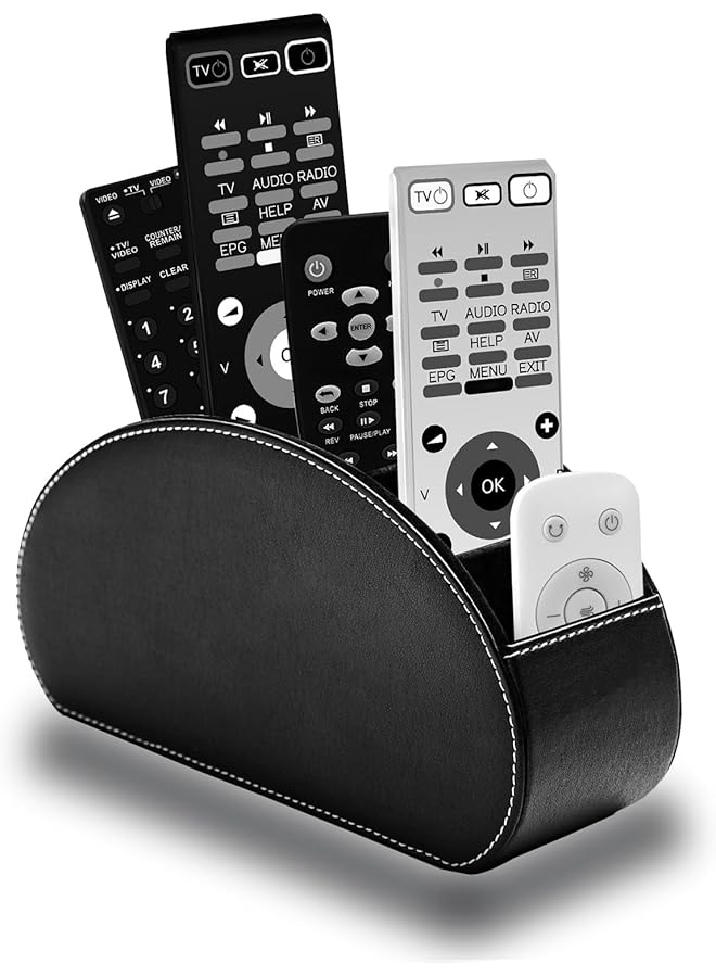 SAGREENY Leather Remote Control Holder With 5 Compartments Tv Remote Caddy Store Box Office Supplies Desktop Organizer For Controller Glasses And Media Player Pen Storage Black - Image 3