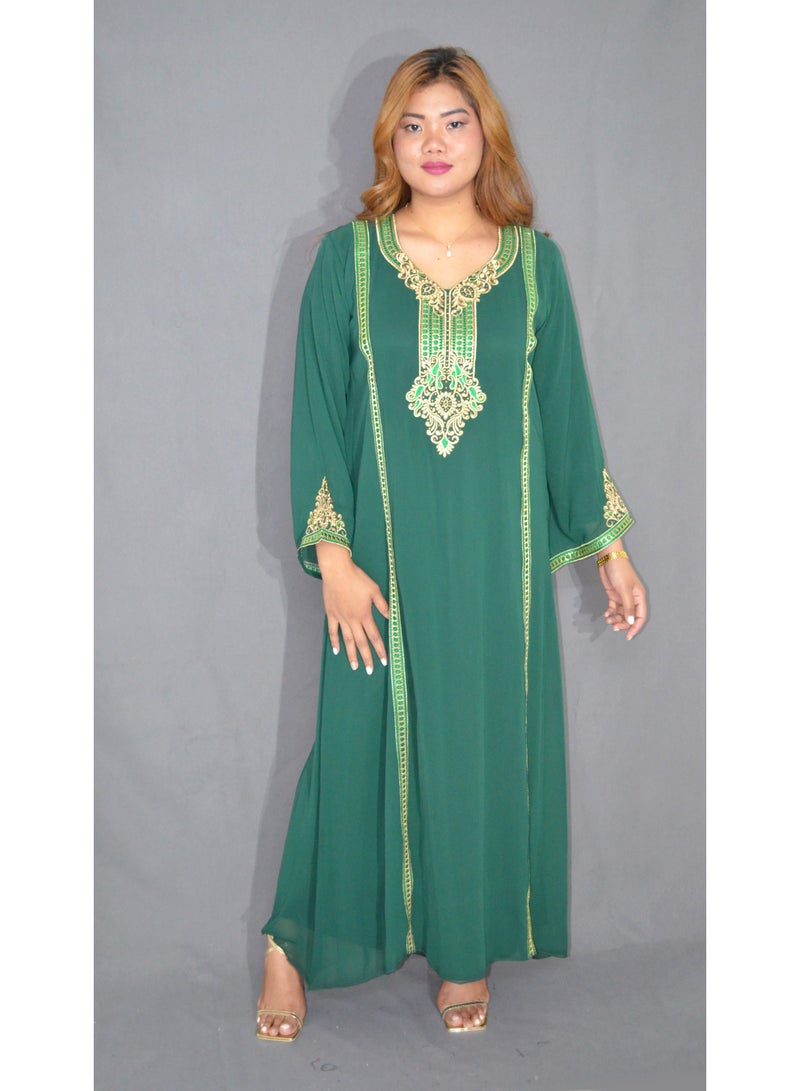Elegant Traditional Arabian Maxi Dress - Heavy Gold Embroidery & Crystal Chiffon Caftan - Jewel Neck Modest Evening Wear