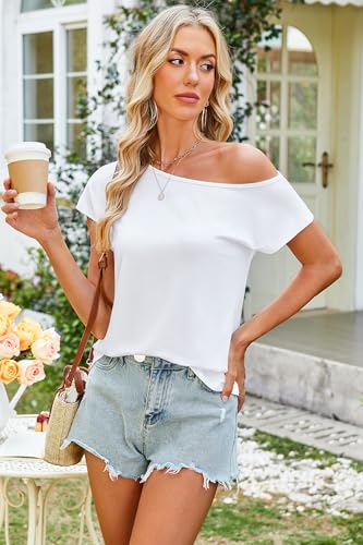 Halife Off Shoulder Tops for Women Casual Summer Super Soft Slouchy Womens Tee Cotton Short Sleeve White T Shirt Workout Large - Image 4