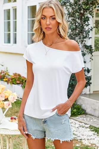 Halife Off Shoulder Tops for Women Casual Summer Super Soft Slouchy Womens Tee Cotton Short Sleeve White T Shirt Workout Large - Image 2