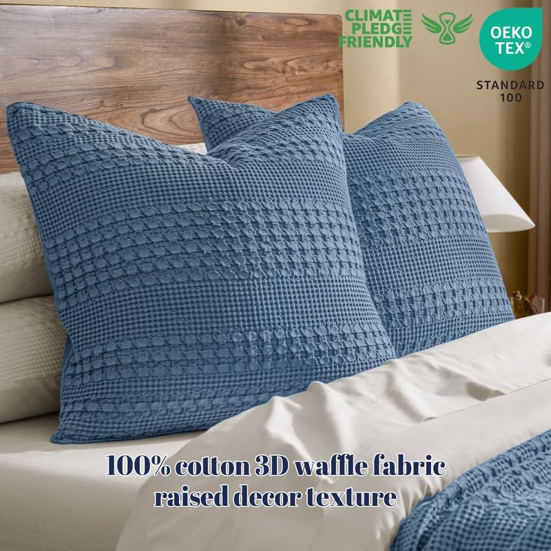 PHF 100% Cotton Waffle Weave Euro Sham Covers, 2 Pack 26" x 26" Bed Pillow Covers for Elegant Home Decor, No Filling, Luxury Aesthetic Soft Euro Pillow Cases for Bed, Captain's Blue - Image 3