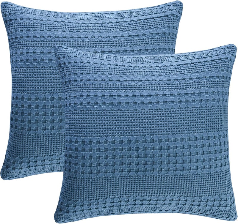 PHF 100% Cotton Waffle Weave Euro Sham Covers, 2 Pack 26" x 26" Bed Pillow Covers for Elegant Home Decor, No Filling, Luxury Aesthetic Soft Euro Pillow Cases for Bed, Captain's Blue - Image 1