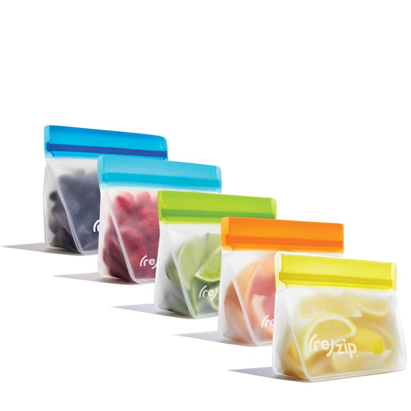 re zip 5pack StandUp Reusable Bags BPAFree Food Grade Leakproof Freezer and Dishwasher Safe 5 SnackSize Bags 1Cup 8Oz Multicolor for Easy Organization