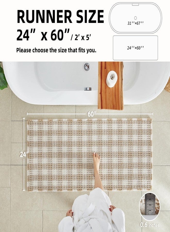TYUU Waffle Runner Rug Bathroom, Long Boho Bathroom Rugs Non Slip Washable Absorbent Checkered Bathroom Mat Quick Dry Farmhouse Bath Mat, 60"x24" Khaki and White - Image 2